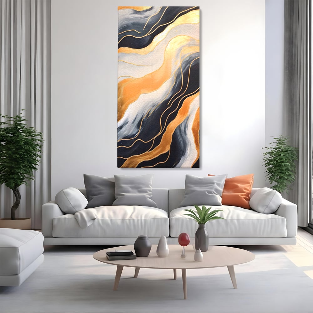 Tablou canvas cu pictura abstracta cu valuri aurii, fara rama, pe sasiu de lemn, pe perete intr-un living